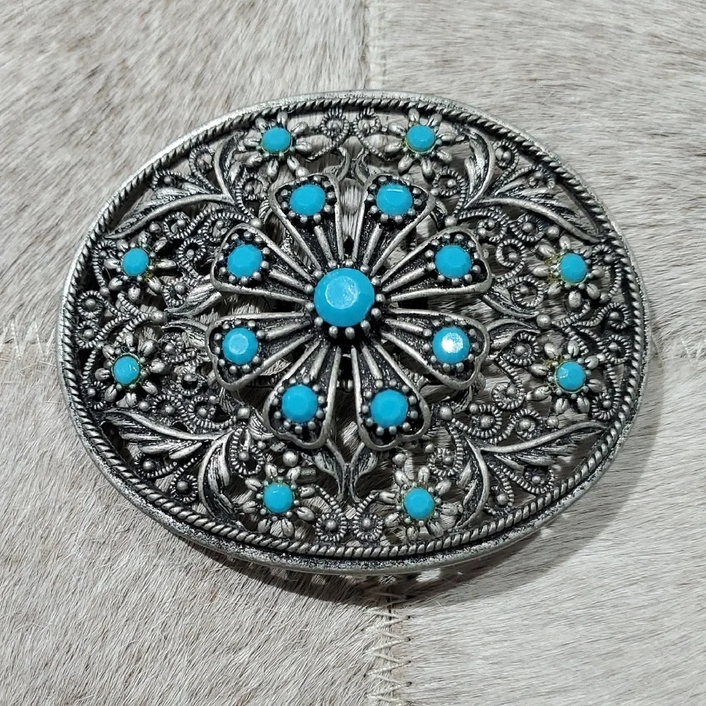 Western Silver and Turquoise Ornate Belt Buckle Rodeo Cowgirl Country Thunder